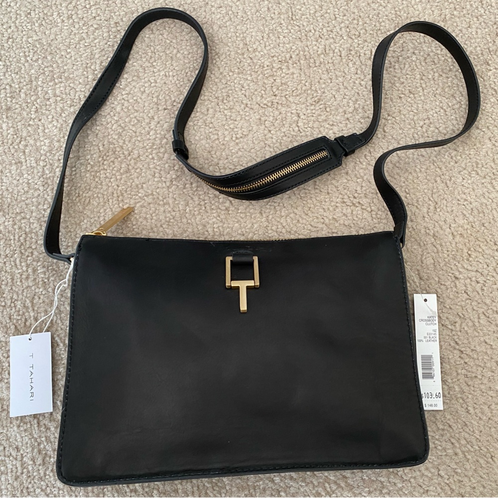 New T Tahari Katey Crossbody clutch black leather purse